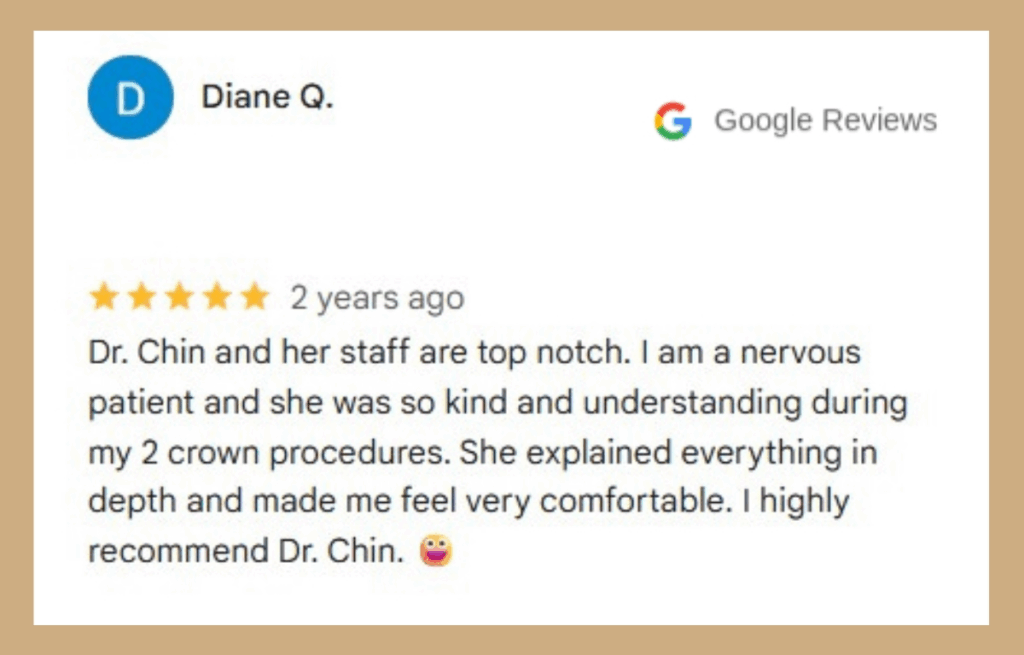 One of Dr. Chin's happy patients is satisfied with their choice of dental bridges vs. crowns.