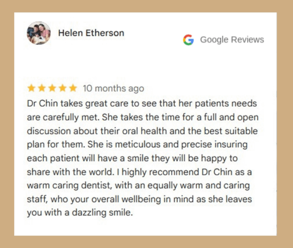 A satisfied patient leaves a review commending Dr. Chin on excellent dental care.