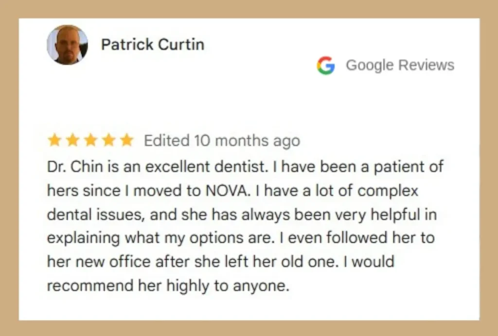 Five-star dental review praising Dr. Chin.