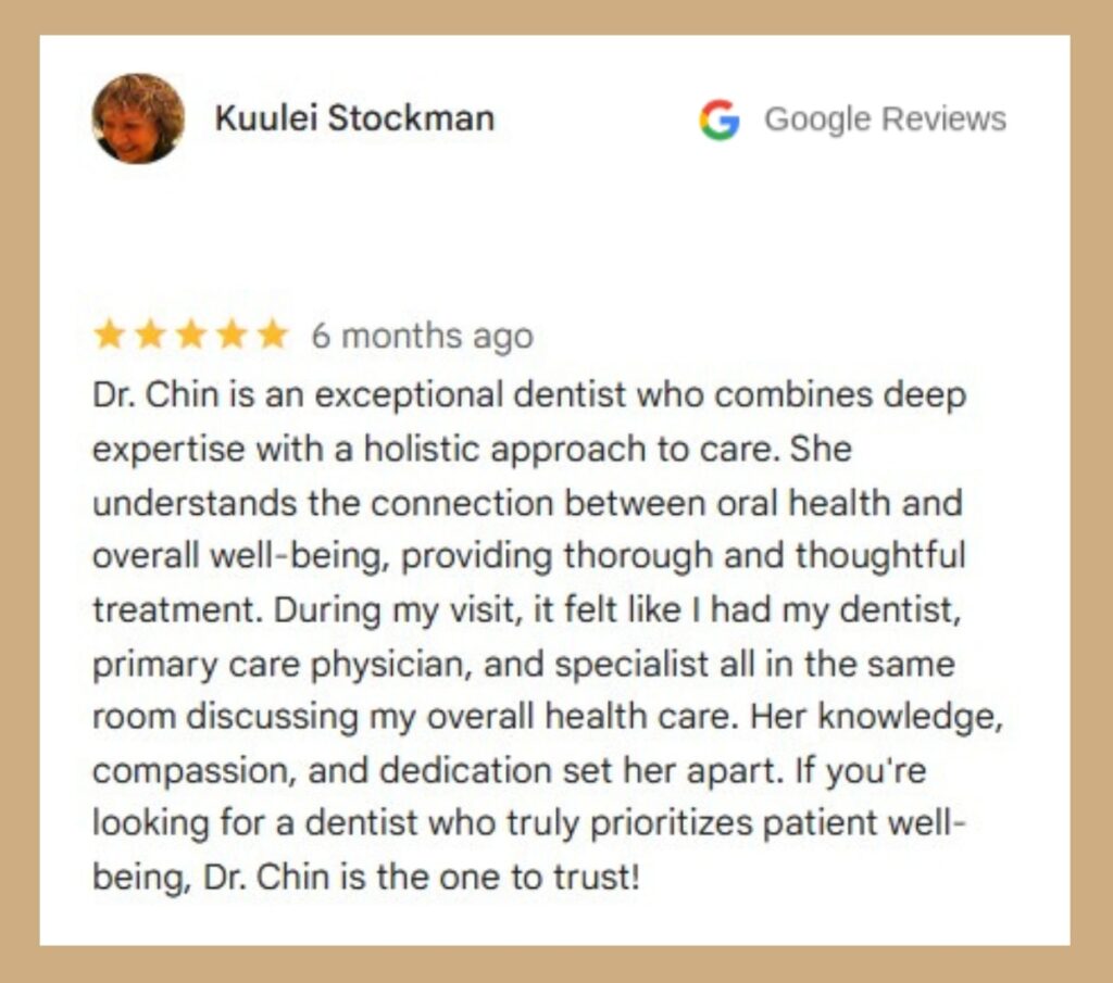 Five-star dentist review highlighting holistic approach.