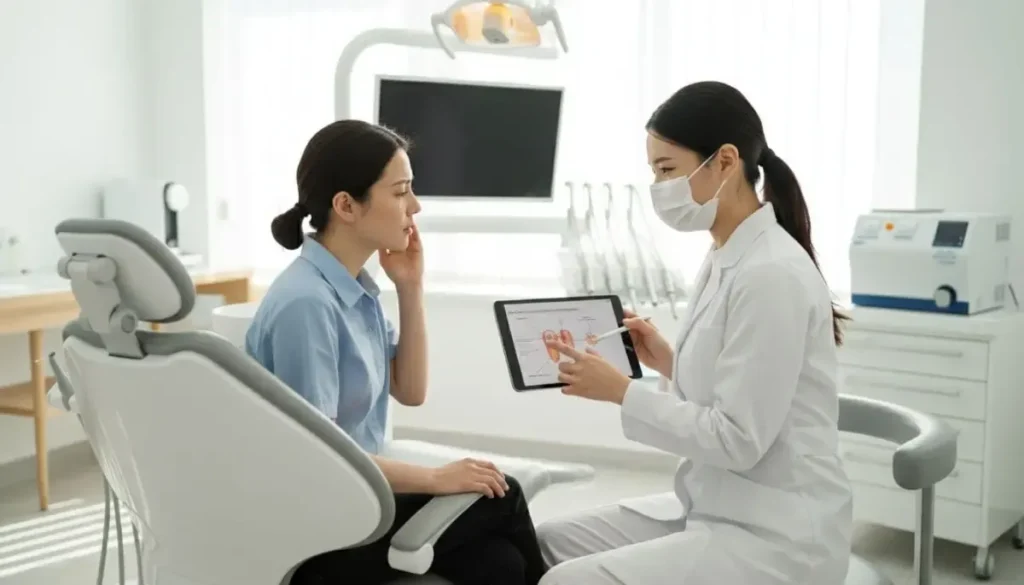 Dentist discussing treatment with patient using tablet.