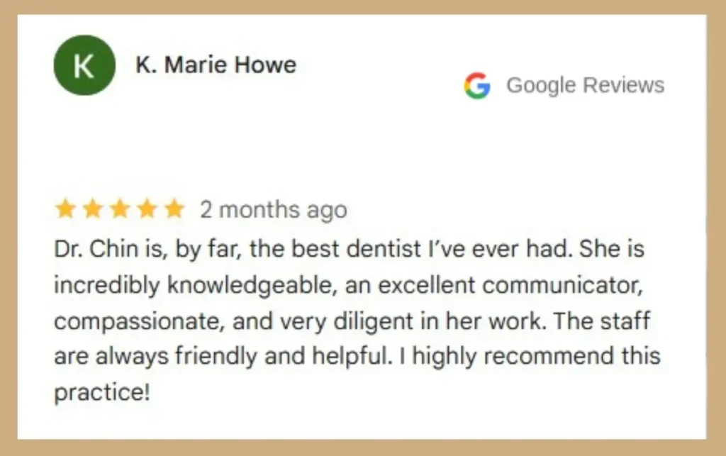 Five-star dentist review: Dr. Chin recommended for care.